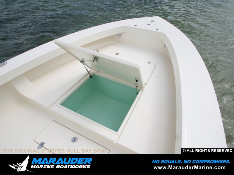 Front bait well photo integrated into a  stepped hull in Stepped Hull Bay Boats photo gallery from Marauder Marine Boat Works